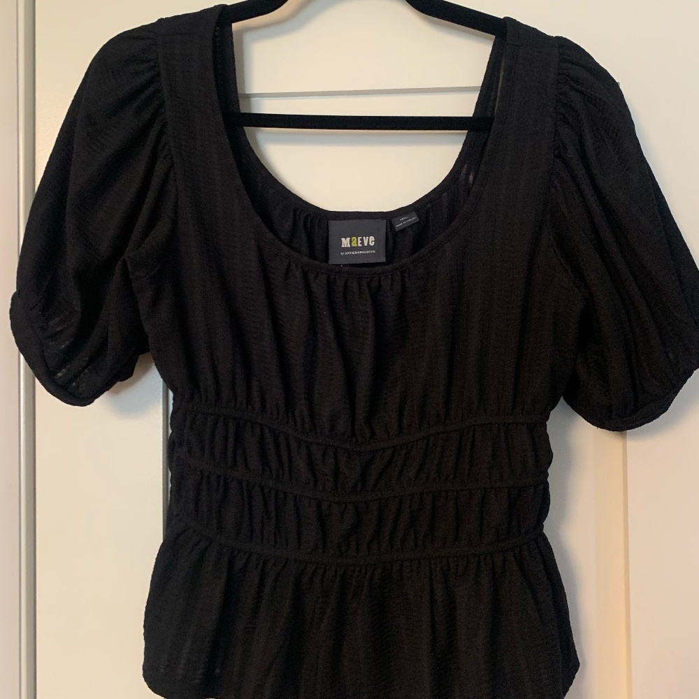 Maeve Anthropologie Womens Top Size Small Black Puff Sleeves Cropped Smocked